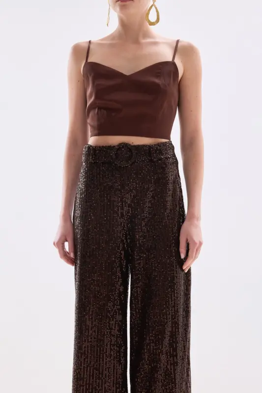Kemerli Payet Pantolon - Kahve - Kahve - 7