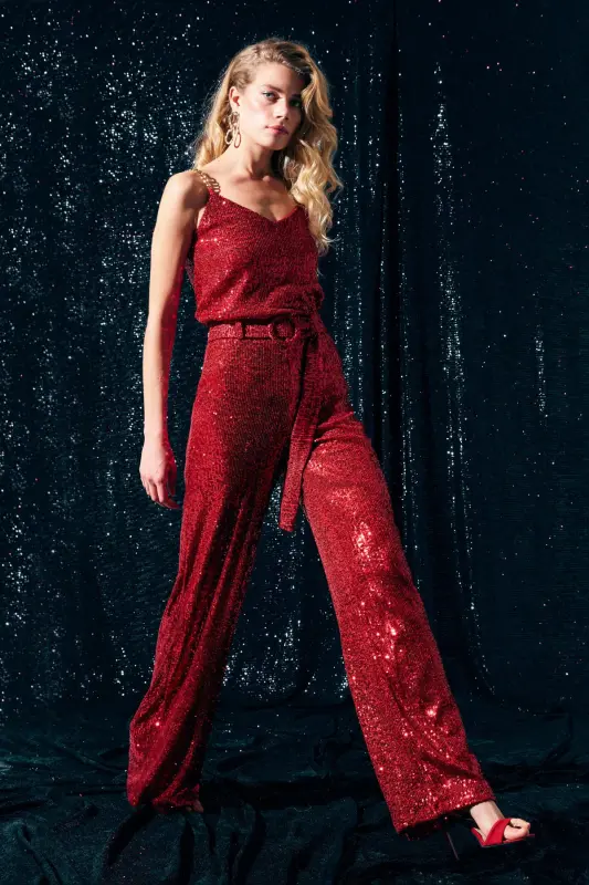 Kemerli Payet Pantolon - Kırmızı - KIRMIZI - SATEEN