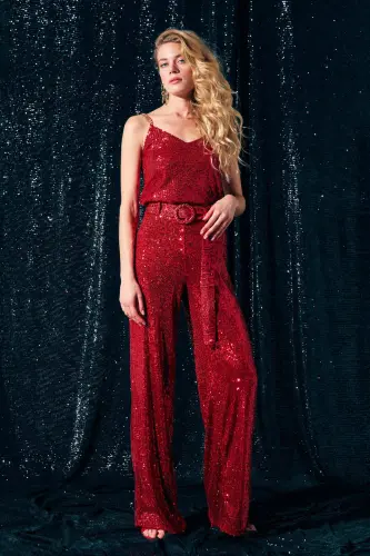 Kemerli Payet Pantolon - Kırmızı-KIRMIZI - 3