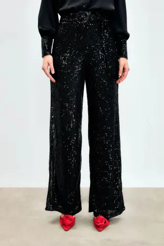 Kemerli Payet Pantolon - Siyah-SİYAH - 3