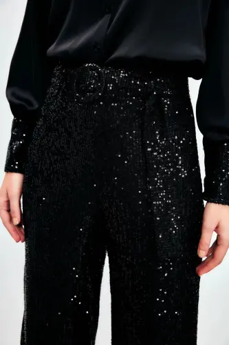 Kemerli Payet Pantolon - Siyah-SİYAH - 4