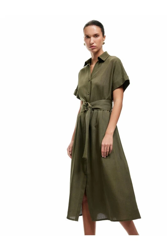 Kemerli Viskon Keten Karışımlı Oversize Kısa Kollu Gömlek Elbise - Koton