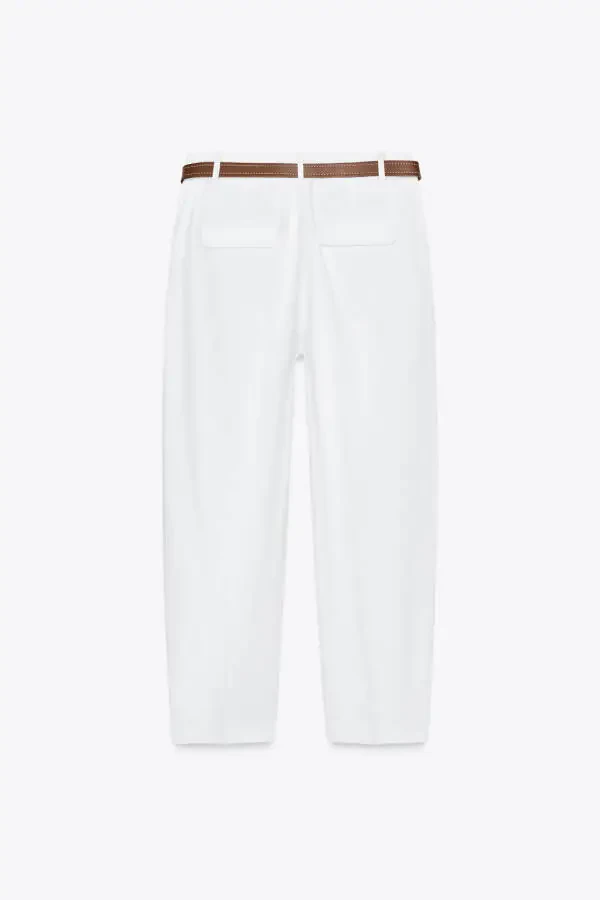 KEMERLİ DÜZ KETEN PANTOLON-Kirli-beyaz - 5