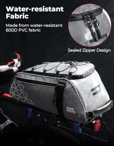 KEMIMOTO Rear Bike Rack Bag, 8L Full Reflective PVC Water Resistant Bicycle Trunk for Road and Mountain Bikes, Ebike Rack Bag with Side Pockets for Cycling Travel Commute - 9