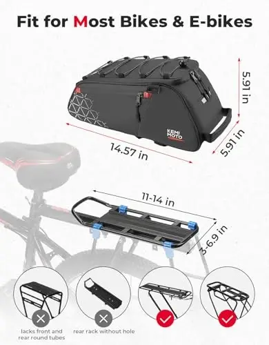 KEMIMOTO Orqa Velosiped Bagaji - 8L PVC Suvga Chidamli Ebike Sumkalar Velosiped Orqa Bagaji uchun, Velosiped Trunk Pannier Qatnovchi Sayohat Xarid va Velosipedda Sayr Qilish uchun (Qora) - 5