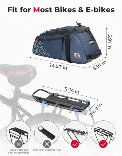 KEMIMOTO Orqa Velosiped Bagaji - 8L PVC Suvga Chidamli Ebike Sumkalari Velosiped Orqa Bagaji uchun, Velosiped Yukxalta Xaltasi Qatnov Safar Xarid va Velosipedda Sayr Qilish uchun (Moviy) - 5