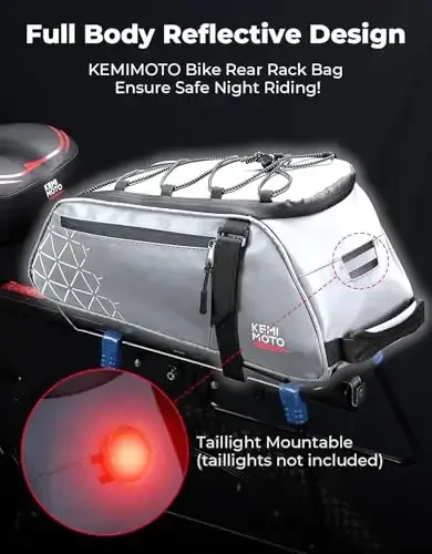 KEMIMOTO Orqa Velosiped Bagaji, 8L To'liq Yansıtıcı PVX Suvga Chidamli Velosiped Trunk Yo'l va Tog' Velosipedlari uchun, Yon Cho'ntaklar bilan Velosiped Sayohati uchun Ebike Bagaji - KEMIMOTO (1)