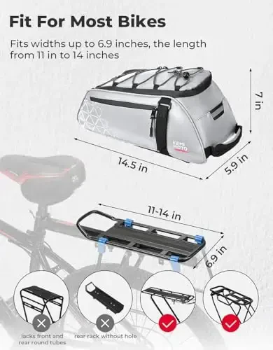 KEMIMOTO Rear Bike Rack Bag, 8L Full Reflective PVC Water Resistant Bicycle Trunk for Road and Mountain Bikes, Ebike Rack Bag with Side Pockets for Cycling Travel Commute - 6