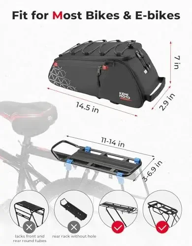 KEMIMOTO Rear Bike Rack Bag - 8L PVC Water Resistant Ebike Bags for Bicycle Rear Rack, Bicycle Trunk Pannier for Commuter Travel Shopping and Cycling (Black) - 8