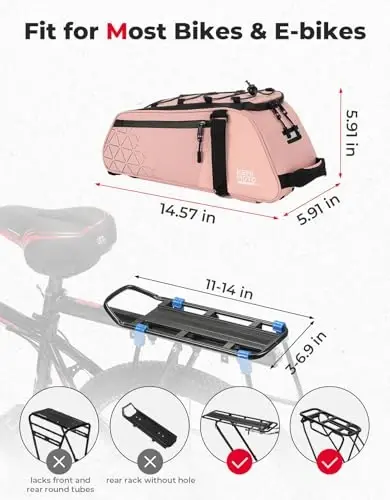 KEMIMOTO Velosiped orqa yukxalta sumkasi - 8L PVC suv o'tkazmaydigan Ebike sumkalari velosiped orqa yukxaltasi uchun, qatnov, sayohat, xarid va velosipedda sayr qilish uchun velosiped yukxalta paneri (pushti) - 5