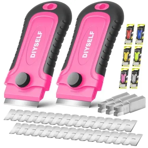 DIYSELF Razor Blade Scraper | 2 Pack Scraper Tool for Cleaning, Glass, Stickers | Paint Scraper | Heavy Duty Razor Scraper | Glass Scraper | 30 Pcs Single Edge Razor Blades for Scraping Included 