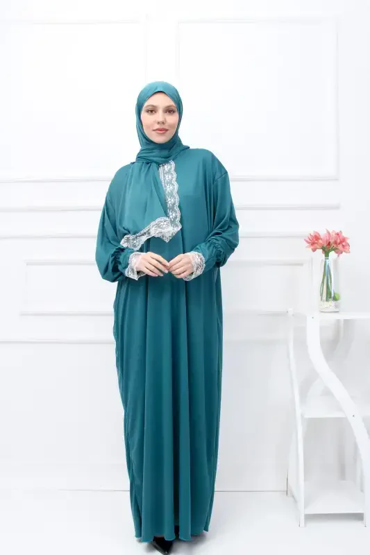 Kendinden Başörtülü Kadın Namaz Elbisesi-Yeşil - 2
