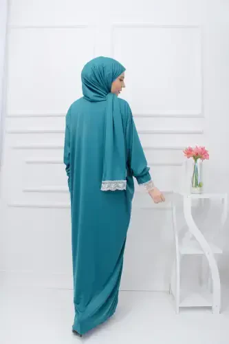 Kendinden Başörtülü Kadın Namaz Elbisesi-Yeşil - 4