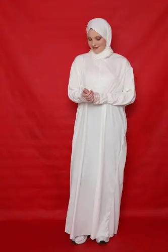 Kendinden Şallı Kadın Tesettür Namaz Elbisesi-beyaz - KUTAY COLLECTION (1)