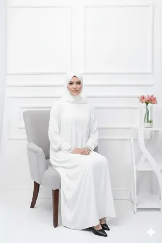 Kendinden Şallı Kadın Tesettür Namaz Elbisesi-beyaz 