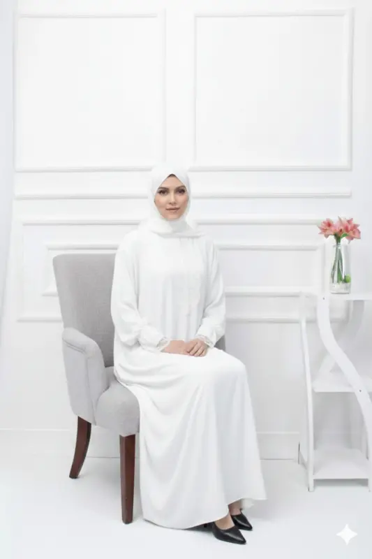 Kendinden Şallı Kadın Tesettür Namaz Elbisesi-beyaz - KUTAY COLLECTION