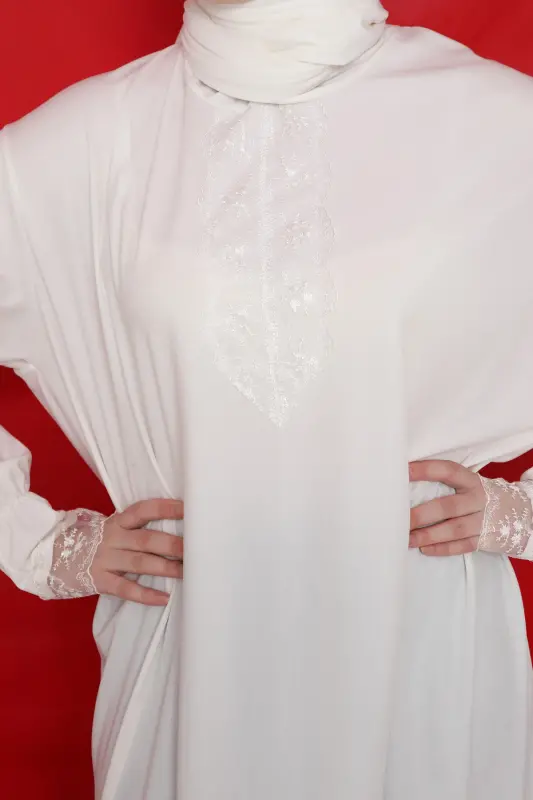 Kendinden Şallı Kadın Tesettür Namaz Elbisesi-beyaz - 3