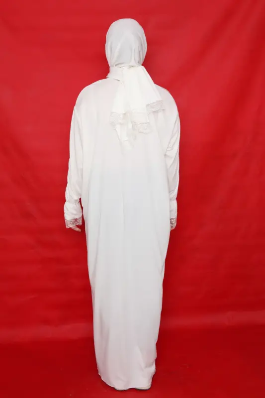 Kendinden Şallı Kadın Tesettür Namaz Elbisesi-beyaz - 6