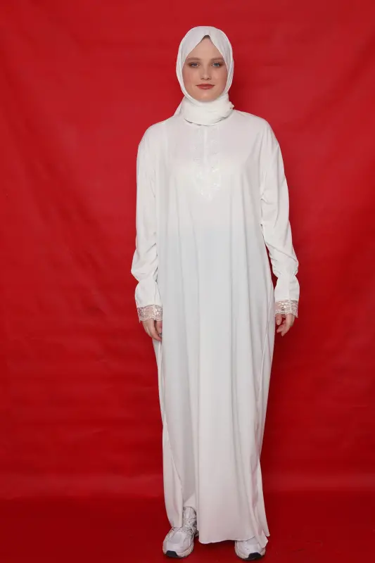 Kendinden Şallı Kadın Tesettür Namaz Elbisesi-beyaz - 4