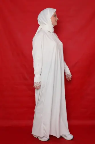 Kendinden Şallı Kadın Tesettür Namaz Elbisesi-beyaz - 5