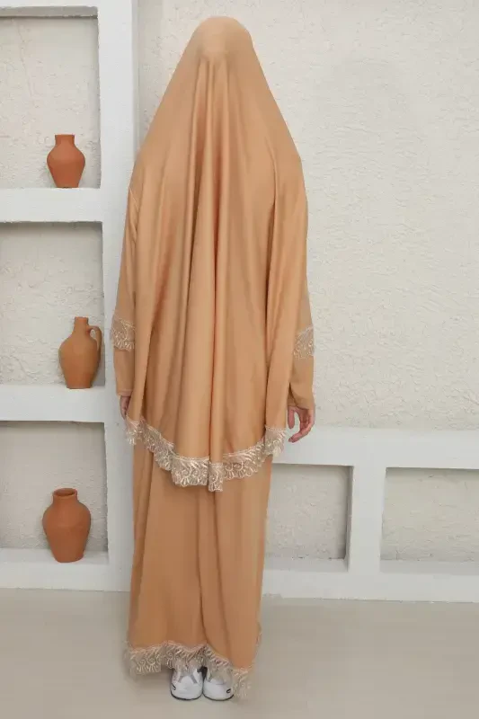 KENDİNDEN TÜRBANLI KADIN NAMAZ ELBİSESİ-Krem - 5