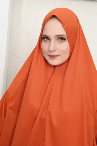 KENDİNDEN TÜRBANLI KADIN NAMAZ ELBİSESİ-Turuncu - 3