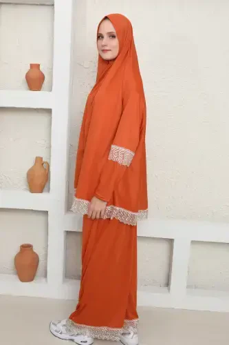 KENDİNDEN TÜRBANLI KADIN NAMAZ ELBİSESİ-Turuncu - 6