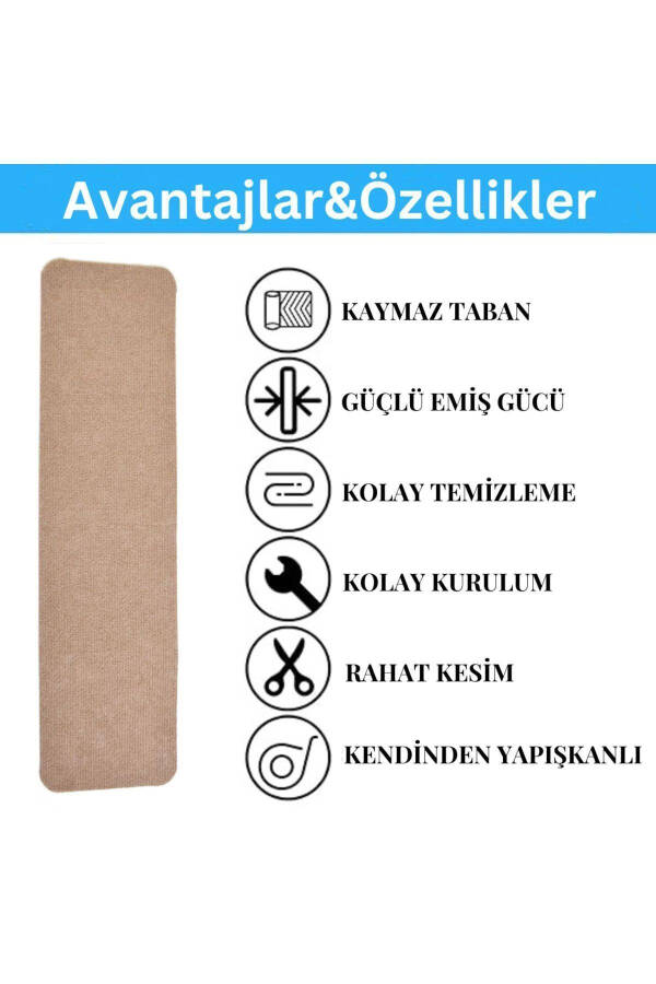 Kendinden Yapışkanlı Merdiven Basamak Halısı Sütlü Kahve (1 ADET) Rip Halı Keçe Kaymaz Halı-Bej - 14