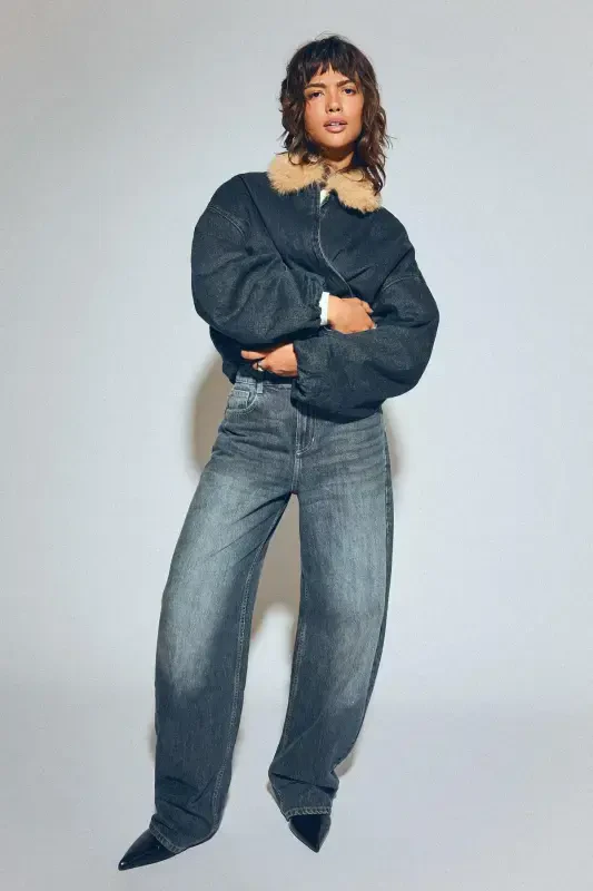 Keng paça barrel jinsi - Moviy - BERSHKA