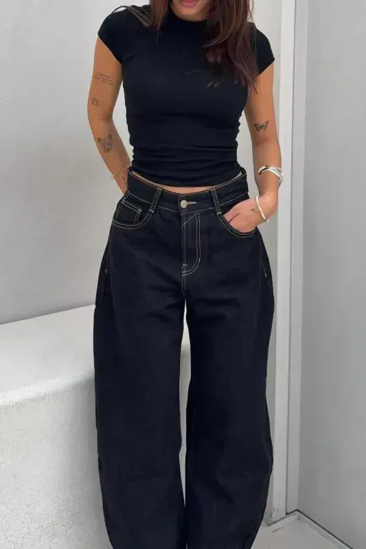 Keng poshnali barrel jinsi — Qora - BERSHKA