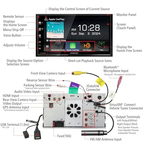 KENWOOD DMX709S eXcelon 6.95-Inch Capacitive Touch Screen, Car Stereo, CarPlay and Android Auto, Bluetooth, AM/FM HD Radio, MP3 Player, USB Port, Double DIN, 13-Band EQ, SiriusXM - 5