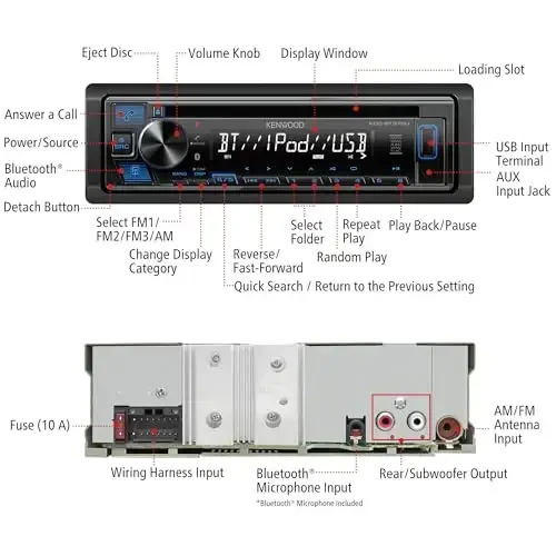 KENWOOD KDC-BT370U Bluetooth, AM/FM radiosi, old tomoni yuqori quvvatli USB, Alexa oʻrnatilgan CD Car Stereo - 3