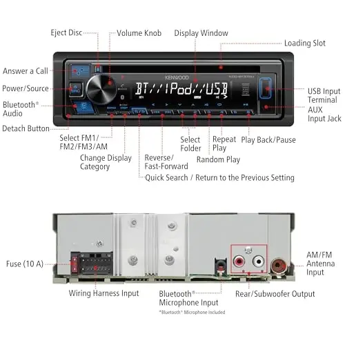 KENWOOD KDC-BT370U CD Car Stereo with Bluetooth, AM/FM Radio, Front High Power USB, Alexa Built in - 3