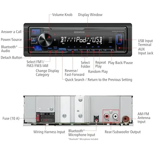 KENWOOD KMM-BT270U Автомагнитола с Bluetooth, USB, AM/FM радио, MP3, ЖК-дисплеем, съемной панелью, 13-полосным эквалайзером. - 4