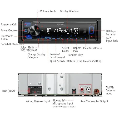KENWOOD KMM-BT270U Bluetooth Digital Media Car Stereo Receiver with USB Port – AM/FM Radio, MP3 Player, High Contrast LCD, Detachable Face Plate, Single DIN, 13-Band EQ - 4