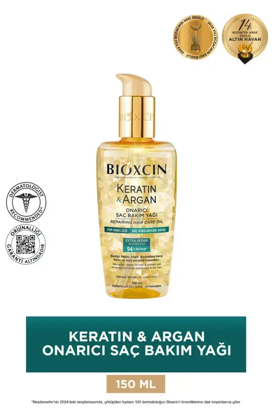 Keratin & Argan Onarıcı Saç Bakım Yağı 150 ml - Yıpranmış Ve Hassas Saçlar - BIOXCIN