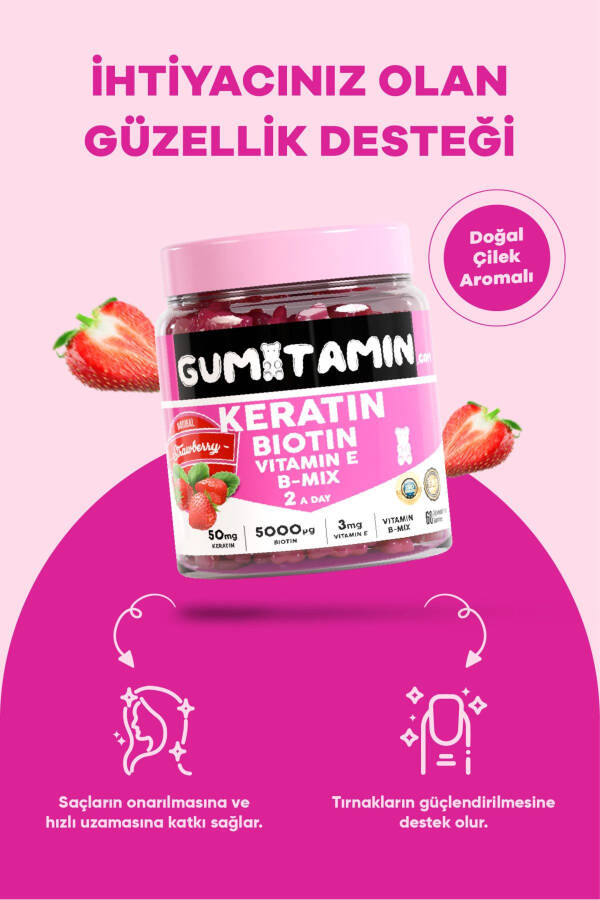 Saç Ve Tırnak Vitamini Gummy, Keratin, Biotin 5000, Folik Asit, Çinko, Vitamin E B12 B5 B6 - 2