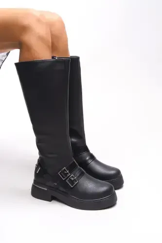 Kerrurth Women Buckle Detailed Biker Boot 00123310 Textured Black Leather-Textured Black Leather - 1