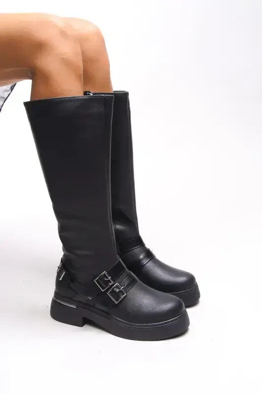 Kerrurth Women Buckle Detailed Biker Boot 00123310 Textured Black Leather-Textured Black Leather - 1