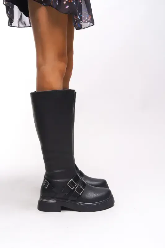 Kerrurth Women Buckle Detailed Biker Boot 00123310 Textured Black Leather-Textured Black Leather - 4