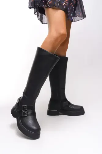 Kerrurth Women Buckle Detailed Biker Boot 00123310 Textured Black Leather-Textured Black Leather - 5