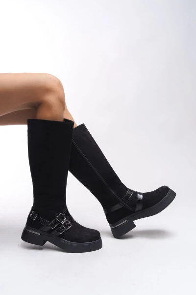 Kerrurth Women's Buckle Detail Biker Boots 00123310 Black Suede - RICCON