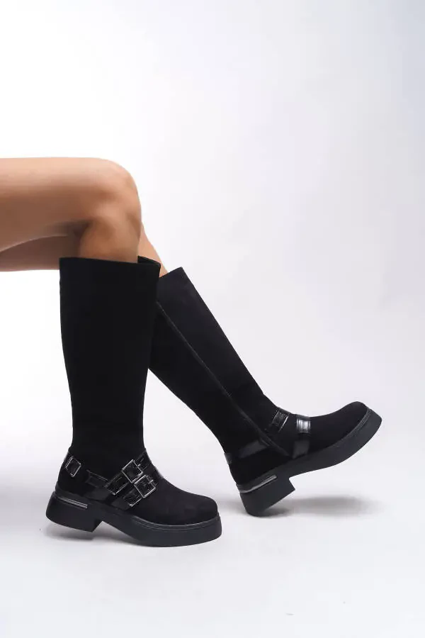 Kerrurth Women's Buckle Detail Biker Boots 00123310 Black Suede - 1