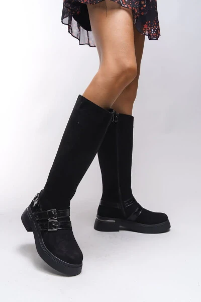 Kerrurth Women's Buckle Detail Biker Boots 00123310 Black Suede - 3