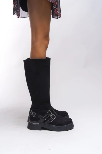 Kerrurth Women's Buckle Detail Biker Boots 00123310 Black Suede - 4