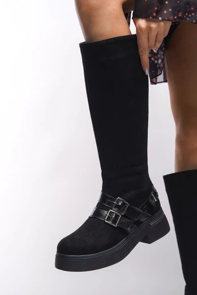 Kerrurth Women's Buckle Detail Biker Boots 00123310 Black Suede - 5