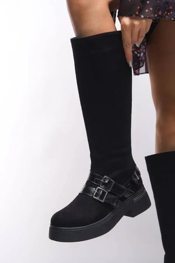 Kerrurth Women's Buckle Detail Biker Boots 00123310 Black Suede - 5