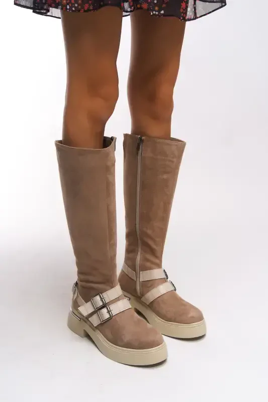 Kerrurth Women's Buckle Detailed Boot 00123310 Beige Suede-Beige Suede - RICCON