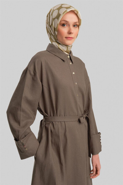 Armine Kalın Manşetli Keten Elbise 24Y9830 Koyu Vizon - 5