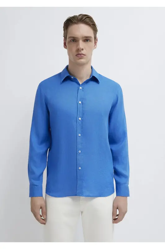 Keten Gömlek Slim Fit / Dar Kesim 0211466-81347 - Mavi-81347 - 4